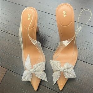 Zara Women's Tan and Clear Heels with Silver Accents